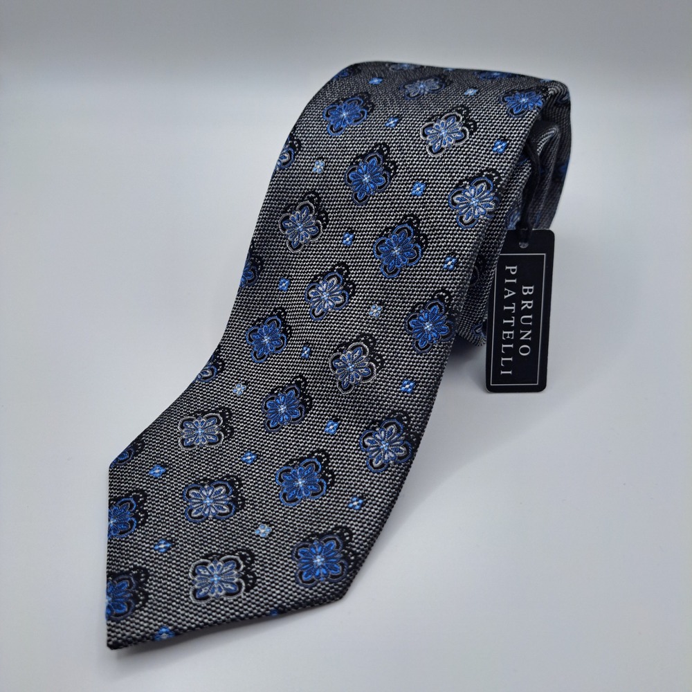 Bruno Piattelli Necktie Mens Blue Black Floral Medallion 100% Silk Hand Made NWT
